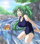  artist_request bad_anatomy breasts covered_nipples day glowing glowing_eyes green_hair higurashi_no_naku_koro_ni large_breasts multiple_girls one-piece_swimsuit one_eye_closed outdoors ponytail river ryuuguu_rena school_swimsuit sonozaki_mion stalking swimsuit take_it_home you_gonna_get_raped 