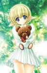  annette_vaslois blonde_hair blue_eyes carnelian elf highres long_sleeves moldavite pointy_ears short_hair solo stuffed_animal stuffed_toy teddy_bear 