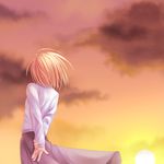  arcueid_brunestud arms_behind_back blonde_hair from_behind hazuki_(etcxetc) long_skirt long_sleeves purple_skirt short_hair skirt sky solo sunset sweater tsukihime turtleneck 