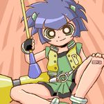  artist_request bandaid bandaid_on_knee belt black_hair green_eyes green_skirt holding holding_weapon looking_at_viewer lowres matsubara_kaoru pleated_skirt polearm powered_buttercup powerpuff_girls_z short_hair skirt smile solo spiked_hair spread_legs vest weapon 