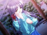  akino_takehiko game_cg hair_ribbon kouzu_asami long_hair long_sleeves mizuiro purple_hair ribbon solo tears tress_ribbon 