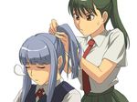  :t bangs green_hair hairdressing multiple_girls original ponytail sleeping yizumi 