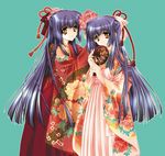  :o aqua_background bangs blue_hair braid carnelian finger_gun floral_print flower french_braid furisode hair_flower hair_ornament hair_ribbon hakama half_updo hand_mirror highres holding japanese_clothes kao_no_nai_tsuki kimono kuraki_mizuna kuraki_suzuna long_hair long_sleeves meiji_schoolgirl_uniform mirror multiple_girls outline parted_lips peony_(flower) pink_hakama red_hakama ribbon shiny shiny_hair siblings simple_background sisters smile tassel twins very_long_hair yellow_eyes 