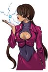  breasts cleavage cleavage_cutout dark_persona dark_skin earrings hair_over_eyes jewelry long_hair long_sleeves lowres medium_breasts nakano_tomokazu official_art orochi_shermie shermie snk solo the_king_of_fighters the_king_of_fighters_neowave twintails 