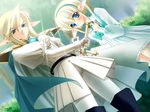  1girl annette_vaslois blonde_hair blue_eyes cape carnelian cowboy_shot dutch_angle earrings elf game_cg hairband jewelry juliet_sleeves long_sleeves looking_at_viewer moldavite official_art pointy_ears protecting puffy_sleeves serious short_hair skirt sword weapon white_skirt 