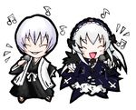  1girl ^_^ artist_request beamed_eighth_notes bleach chibi closed_eyes crossover eighth_note haori ichimaru_gin japanese_clothes karaoke long_sleeves microphone music musical_note rozen_maiden silver_hair simple_background singing snake_mouth suigintou taichou_haori trait_connection white_background 