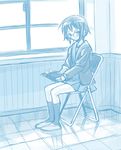  blue book chair folding_chair glasses long_sleeves monochrome nagato_yuki satou_atsuki solo suzumiya_haruhi_no_yuuutsu 