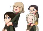  4girls :d bangs black_hair black_legwear black_skirt blonde_hair blush_stickers boots braid brown_eyes brown_footwear brown_jacket carrying chi-hatan_military_uniform clara_(girls_und_panzer) commentary eyebrows_visible_through_hair eyes_closed fang frown fukuda_(girls_und_panzer) girls_und_panzer glasses green_jacket hamahara_yoshio hand_on_another&#039;s_head jacket katyusha knee_boots leaning_back light_smile long_hair long_sleeves looking_at_another looking_back military military_uniform miniskirt motion_lines multiple_girls nonna open_mouth pleated_skirt pravda_school_uniform red_shirt round_eyewear school_uniform shirt short_hair shoulder_carry simple_background skirt smile smug socks standing sweatdrop swept_bangs turtleneck twin_braids twintails uniform v-shaped_eyes white_background yellow_skirt 