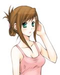  alternate_hairstyle brown_hair collarbone expressionless folded_ponytail green_eyes hair_ornament hairclip looking_at_viewer pink_shirt shirt short_hair sidelocks sleeveless solo sophia_esteed star_ocean star_ocean_till_the_end_of_time tank_top upper_body usashiro_mani white_background 