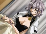  bed_sheet breasts carnelian cleavage collar curtains dutch_angle game_cg grey_hair kusatsuki_akira large_breasts lipstick lock makeup nail_polish no_bra open_clothes open_shirt padlock pink_eyes purple_lipstick purple_nails re_leaf school_uniform shirt short_hair sitting solo wavy_hair 