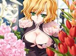  blonde_hair breasts carnelian cleavage cleavage_cutout floral_print flower game_cg green_eyes hiidome_yami large_breasts lily_(flower) night_demon no_bra pink_flower pink_rose rose short_hair solo tulip window 