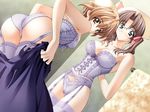  bent_over blue_bra blue_legwear blue_panties bra bustier carnelian game_cg garter_belt glasses harukawa_tomomi kao_no_nai_tsuki kurihara_sayaka lace lace-trimmed_panties lace-trimmed_thighhighs lingerie multiple_girls panties thighhighs underwear underwear_only undressing 