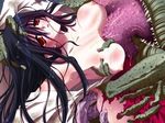  black_hair blush breast_grab breasts carnelian empty_eyes from_above game_cg grabbing japanese_clothes large_breasts long_hair monster night_demon nipples nure_garasu open_clothes open_shirt rape red_eyes shirt slime solo_focus teeth torn_clothes very_long_hair 