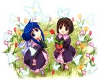  artist_request black_legwear blue_hair bow brown_hair bug butterfly dress flower flower_pot hair_bow hair_bun hair_tie insect long_sleeves looking_at_viewer looking_up multiple_girls open_mouth outdoors purple_dress standing strawberry_panic! suzumi_tamao tsukidate_chiyo tulip 