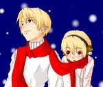  1girl artist_request blonde_hair higurashi_no_naku_koro_ni houjou_satoko houjou_satoshi long_sleeves lowres scarf shared_scarf snowing 