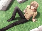  arm_support brown_hair carnelian day from_above game_cg grass leg_up long_sleeves looking_up male_focus night_demon osagiri_shuka outdoors pants sitting solo 