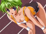  bent_over blue_eyes breasts carnelian cleavage game_cg green_hair medium_breasts open_mouth short_hair shorts solo sweat track white_angel 