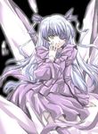  barasuishou crystal doll dress flower flower_eyepatch hair_ribbon hand_on_own_face long_sleeves looking_at_viewer lowres midori_(searchlight) parted_lips purple_dress ribbon rose rozen_maiden silver_hair sitting solo twintails yellow_eyes 