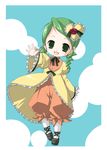  :d artist_request blue_background dress drill_hair full_body green_eyes green_hair hair_ornament heart heart_hair_ornament kanaria long_sleeves open_mouth puffy_pants rozen_maiden short_hair simple_background smile solo twin_drills waving yellow_dress 