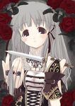  belt blush copyright_request cutting_hair dagger duplicate flower gloves hair_ornament hair_ribbon hairclip holding holding_hair jewelry knife long_hair lowres mikazukimo necklace open_mouth reverse_grip ribbon ring rose severed_hair silver_hair solo very_long_hair weapon 