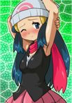  akadama armpits beanie blue_eyes blue_hair blush covered_nipples green_background hat hikari_(pokemon) long_hair mosaic_background one_eye_closed pokemon pokemon_(anime) pokemon_dp_(anime) red_scarf scarf solo sweat 