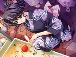  animal black_hair carnelian dutch_angle ena_(quilt) fish game_cg goldfish goldfish_scooping hair_up japanese_clothes kimono long_sleeves purple_eyes quilt_(game) sandals smile solo squatting toes water_yoyo yukata 