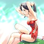  armpits casual_one-piece_swimsuit hair_tie koyama_hirokazu legband one-piece_swimsuit profile sitting solo swimsuit towel true_love_story wet 