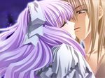  1girl bangs carnelian game_cg hetero kiss night_demon osagiri_shuka purple_hair rushiru surprised 