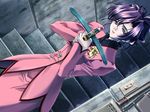  aiming_at_viewer bow_(weapon) carnelian character_request crossbow dutch_angle flower game_cg lipstick long_sleeves makeup mystereet pencil_skirt purple_eyes purple_hair short_hair skirt solo weapon 