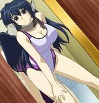  animal_ears black_eyes blue_hair blush breasts casual_one-piece_swimsuit cleavage collar dutch_angle hand_on_hip huge_breasts karura_(utawareru_mono) leaning_forward long_hair metal_collar mirror navel one-piece_swimsuit reflection smile solo swimsuit third-party_edit utawareru_mono 