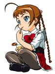  arika_yumemiya artist_request blue_eyes braid bronze_parrot brown_hair crossed_legs eating food long_hair my-otome pantyhose pudding simple_background sitting solo twin_braids twintails white_background 