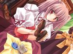  airi_(quilt) apron blush brush carnelian cleaning cleaning_brush corset dress dutch_angle ena_(quilt) game_cg high_heels multiple_girls pink_hair quilt_(game) red_eyes shoes twintails two_side_up 
