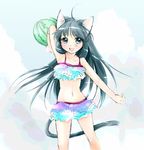  :d animal_ears bikini black_hair cat_ears copyright_request food frilled_bikini frills fruit holding holding_food holding_fruit meineko open_mouth smile solo swimsuit tail watermelon 