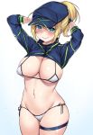  1girl arms_behind_head arms_up artoria_pendragon_(all) baseball_cap bikini blonde_hair blue_eyes blue_hat blush breasts cameltoe cleavage closed_mouth commentary_request cowboy_shot fate/grand_order fate_(series) gradient gradient_background groin hat highres large_breasts long_hair long_sleeves looking_at_viewer micro_bikini mysterious_heroine_xx_(foreigner) navel ponytail shiny shiny_skin shrug_(clothing) side-tie_bikini sidelocks smile solo standing stomach swimsuit tem10 thigh_strap wavy_mouth white_background white_bikini 