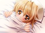  antenna_hair bed bed_sheet blonde_hair blush carnelian close-up dutch_angle fingernails game_cg hands hat kao_no_nai_tsuki kurihara_sayaka long_fingernails lying maid on_back short_hair smile solo yellow_eyes 