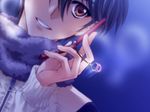  black_hair brown_eyes carnelian cellphone cellphone_charm coat game_cg jewelry long_sleeves male_focus messiah_(game) phone ring sasamori_ryouta smile solo 