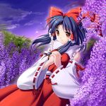  black_hair bow brown_eyes cloud detached_sleeves floating_hair flower hair_bow hair_tubes hakurei_reimu hands_clasped interlocked_fingers jpeg_artifacts light_smile long_sleeves maroppe own_hands_together purple ribbon short_hair sky solo sparkle touhou twilight wide_sleeves wisteria 