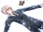  1girl boots carnelian formal game_cg night_demon osagiri_shuka pantyhose ryuujou_mashiro snow snowing solo_focus white_legwear 