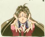  90s aa_megami-sama artist_request belldandy brown_hair cel closed_eyes facial_mark forehead_mark jewelry long_hair outstretched_hand ring solo 