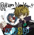  air_gear arrow blue_hair brown_hair collar eyepatch fur_trim happy_new_year heart hood male_focus multiple_boys new_year simple_background spiked_hair udou_akira upper_body wanijima_agito white_background yellow_eyes zipper 