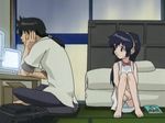  1girl amano_misao battle_programmer_shirase blue_panties computer futon panties pantyshot pantyshot_(sitting) screencap shirase_akira sitting underwear 