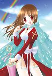  artist_request bad_anatomy brown_hair cape high_priest long_hair long_sleeves open_mouth ragnarok_online rainbow red_eyes solo thighhighs umbrella 
