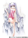  90s bare_shoulders barefoot bottomless feet gotou_keiji hoshino_ruri kidou_senkan_nadesico long_hair naked_towel solo towel twintails 