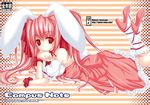  animal_ears bangs bare_shoulders bow bunny_ears bunny_tail choker detached_sleeves di_gi_charat dress eyebrows eyebrows_visible_through_hair frills hair_bow hair_ribbon head_rest high_heels kneehighs legs_up long_hair looking_at_viewer lying on_stomach pink_dress pink_footwear pink_hair polka_dot red_bow red_eyes red_ribbon ribbon shoes solo striped striped_background tail text_focus twintails usada_hikaru watermark web_address white_legwear yumesato_makura 