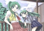  artist_request bad_anatomy green_hair higurashi_no_naku_koro_ni long_sleeves multiple_girls ponytail siblings sisters sonozaki_mion sonozaki_shion twins 