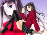  arm_support black_hair black_legwear fate/stay_night fate_(series) green_eyes long_hair long_legs long_sleeves one_eye_closed pin.x sitting skindentation skirt smile solo thighhighs toosaka_rin turtleneck two_side_up zoom_layer 