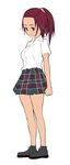  ankle_boots blush boots brown_eyes brown_hair checkered checkered_skirt frown long_hair ofukuro-sama original plaid plaid_skirt school_uniform shirt short_sleeves simple_background skirt solo wavy_mouth white_background white_shirt 