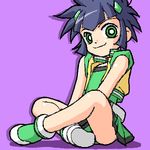  artist_request full_body green_eyes indian_style lowres matsubara_kaoru powered_buttercup powerpuff_girls_z purple_background simple_background sitting smile solo spiked_hair 