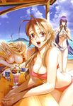  :d alcohol antenna_hair armband beach beer bent_over bikini bird blonde_hair breast_press breasts brown_hair busujima_saeko can cleavage closed_eyes cloud day dessert drink drinking_straw earrings food hand_on_hip hands_clasped headphones highres highschool_of_the_dead ice_cream jewelry large_breasts lipstick long_hair makeup marikawa_shizuka miyamoto_rei multiple_girls official_art open_mouth outdoors own_hands_together pink_eyes purple_hair saliva satou_shouji seagull sky sleeping smile standing sundae swimsuit thigh_gap very_long_hair water 