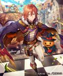  1boy ahoge armband blue_sky brown_hair cape carriage checkered cloud company_name day epaulettes fur_trim glint hair_between_eyes hat house jack-o&#039;-lantern leaf looking_at_viewer male_focus official_art pants purple_cape running sengoku_saga shiba_0 sky smile string_of_flags tree white_pants witch_hat yellow_eyes 
